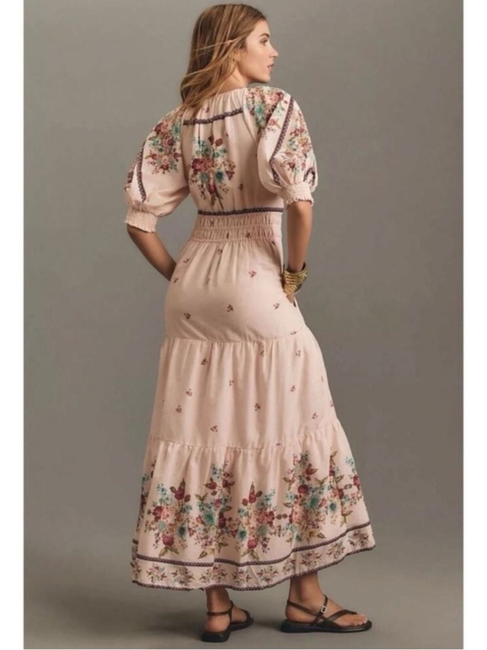 Anthropologie Somerset Floral Maxi Dress pale Pink puff Sleeve cottagecore - Picture 3 of 8